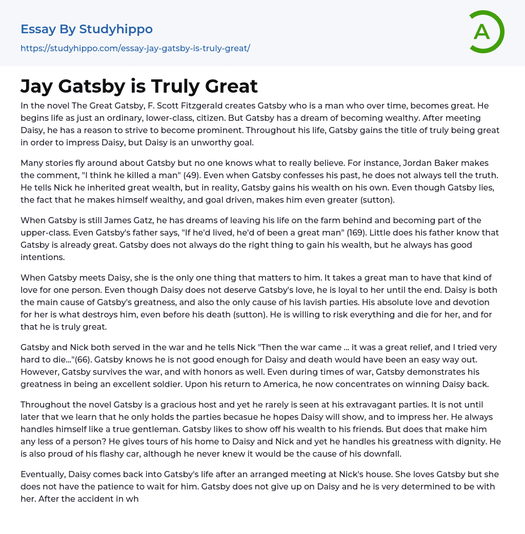 Jay Gatsby is Truly Great Essay Example