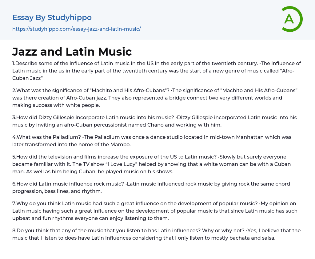 Jazz and Latin Music: Questions and Answers Essay Example