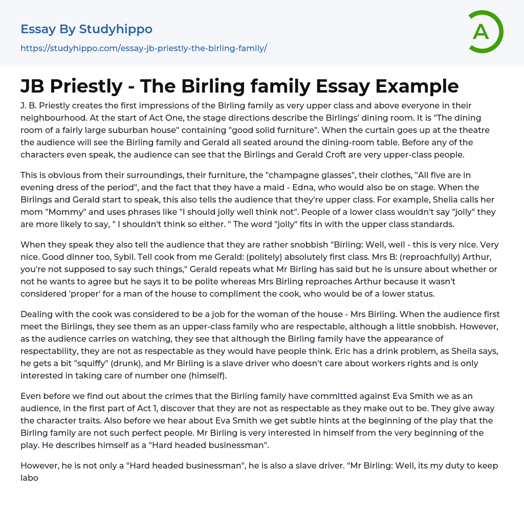 JB Priestly – The Birling family Essay Example