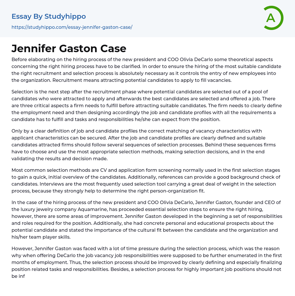 Jennifer Gaston Case Essay Example