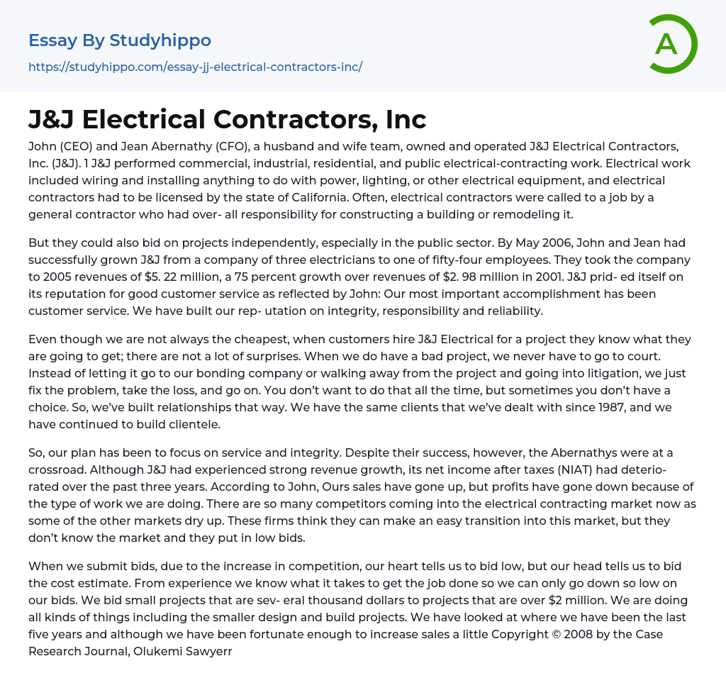 J&J Electrical Contractors, Inc Essay Example