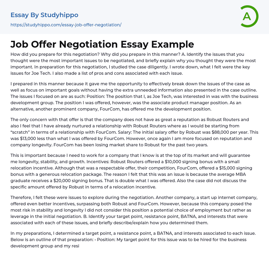 Job Offer Negotiation Essay Example