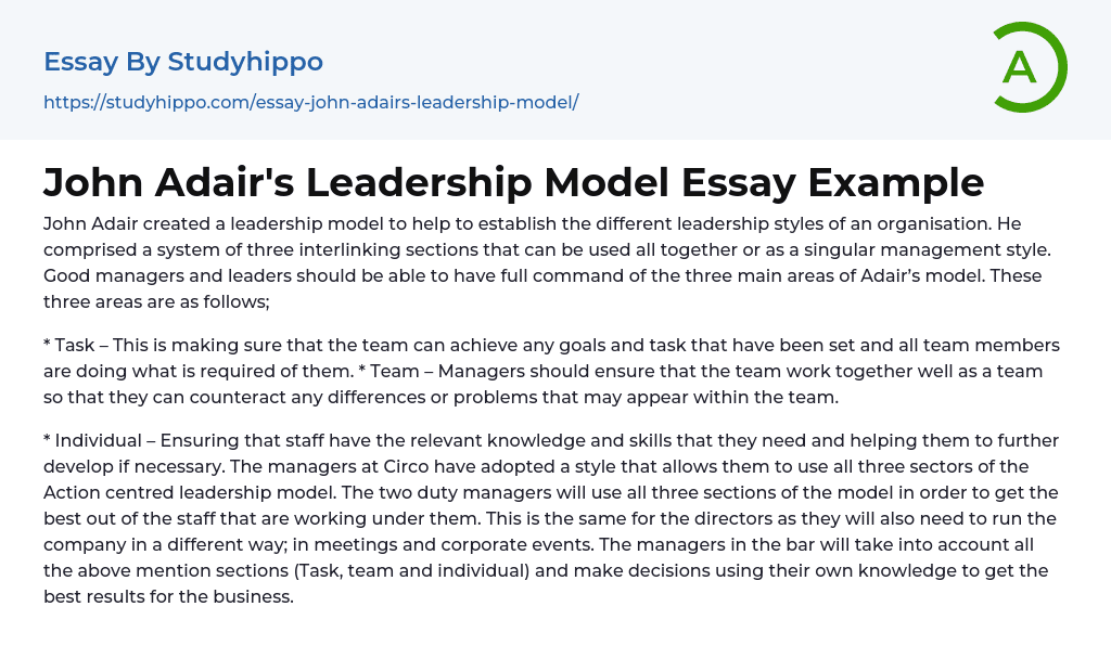 John Adair’s Leadership Model Essay Example