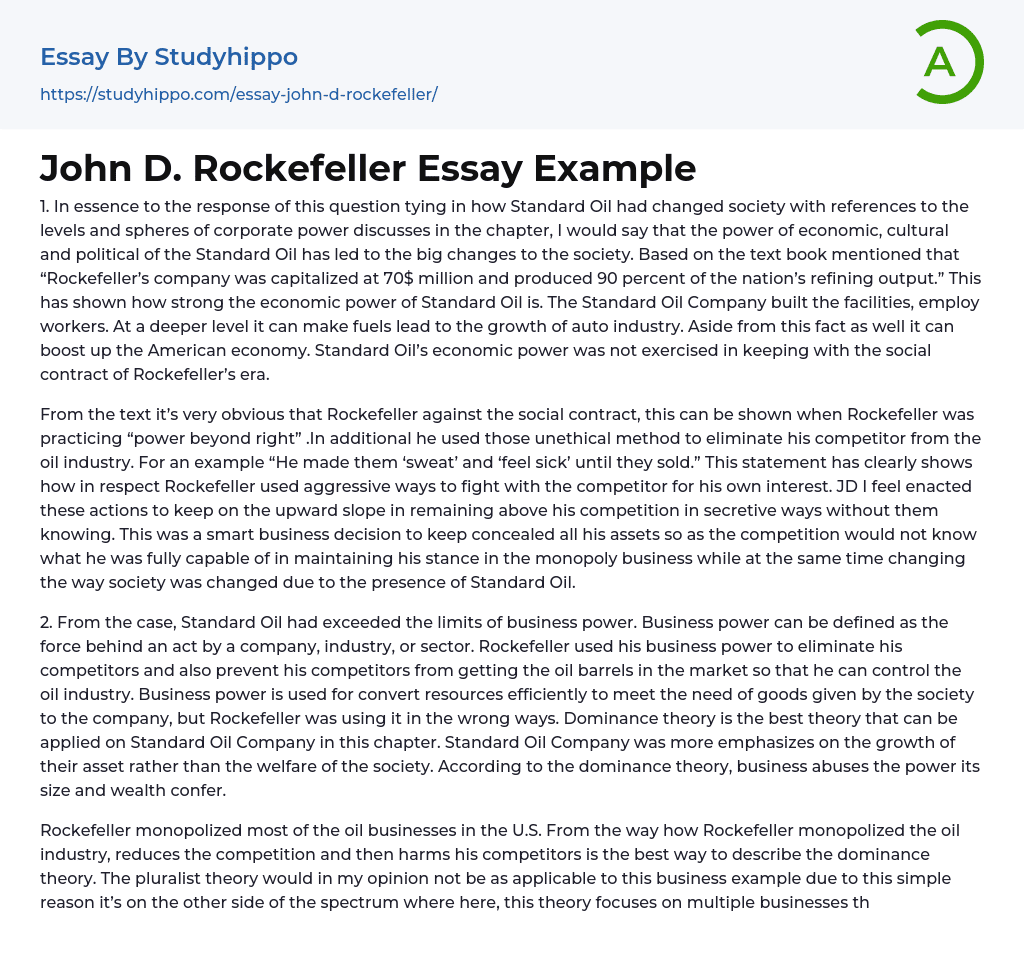 John D. Rockefeller Essay Example