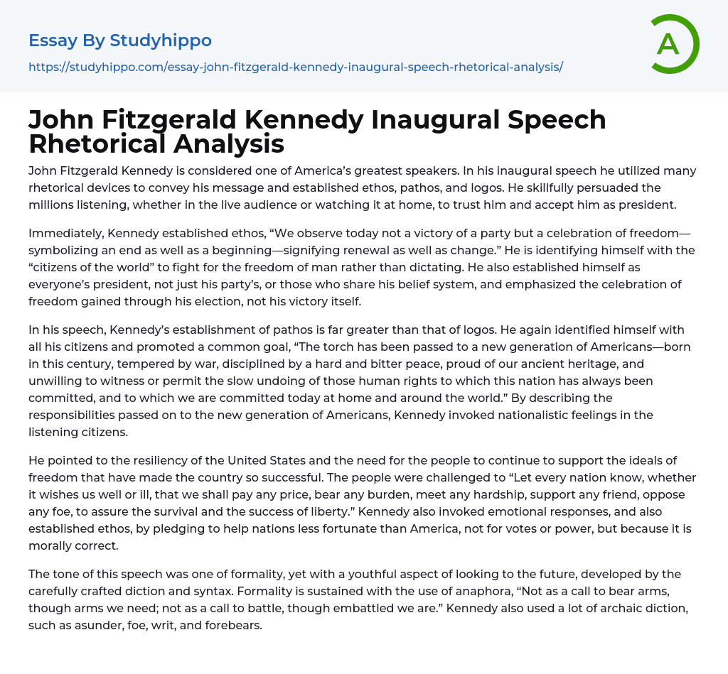 John Fitzgerald Kennedy Inaugural Speech Rhetorical Analysis Essay Example