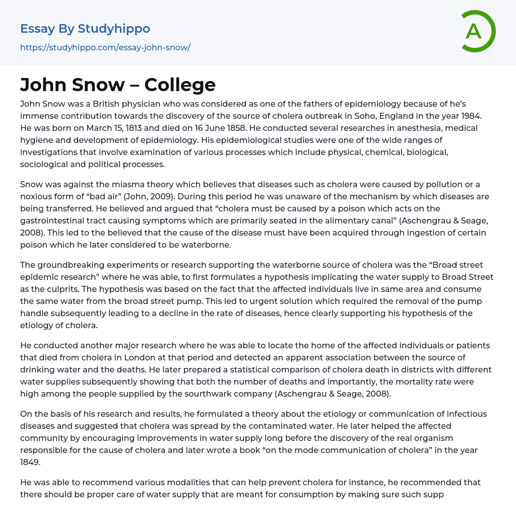 John Snow – College Essay Example