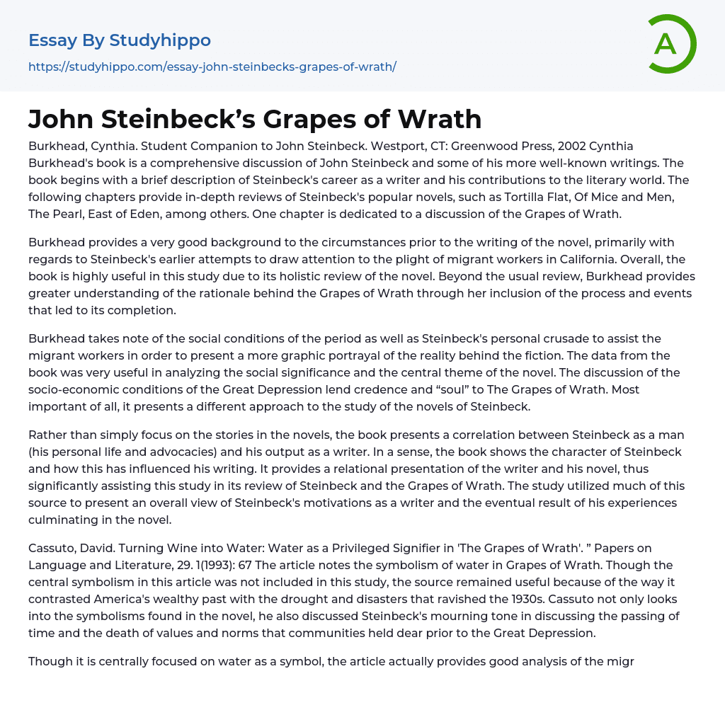 John Steinbeck’s Grapes of Wrath Essay Example