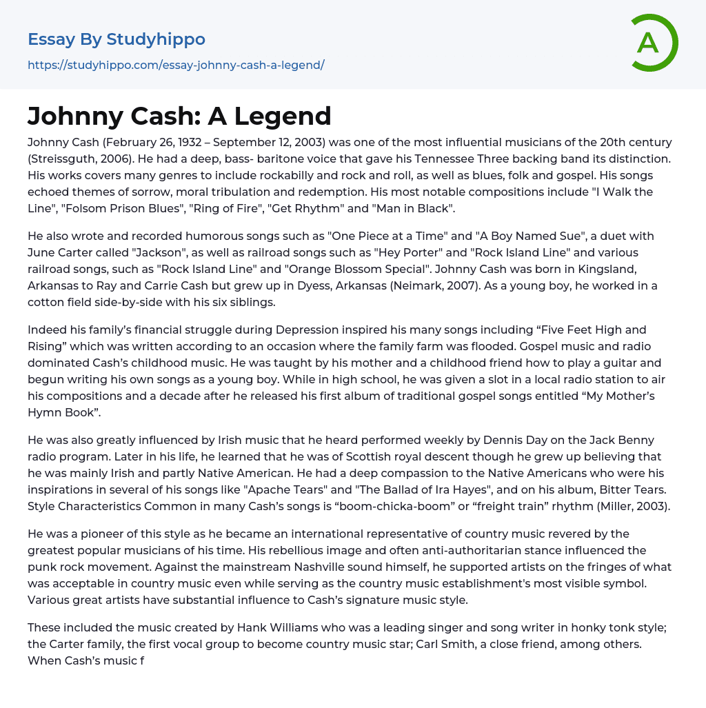 Johnny Cash: A Legend Essay Example