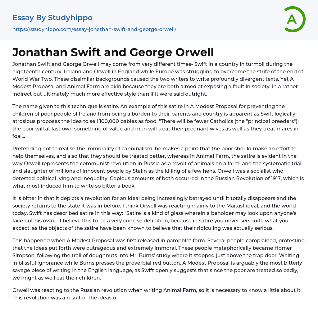 Jonathan Swift and George Orwell Essay Example