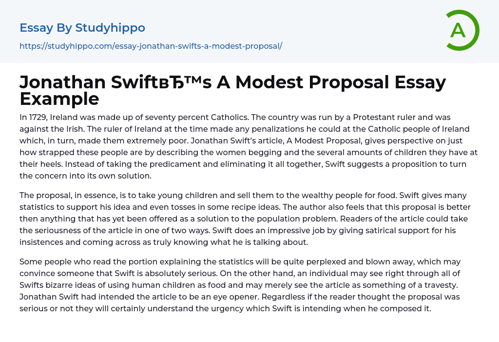 Jonathan Swift’s A Modest Proposal Essay Example