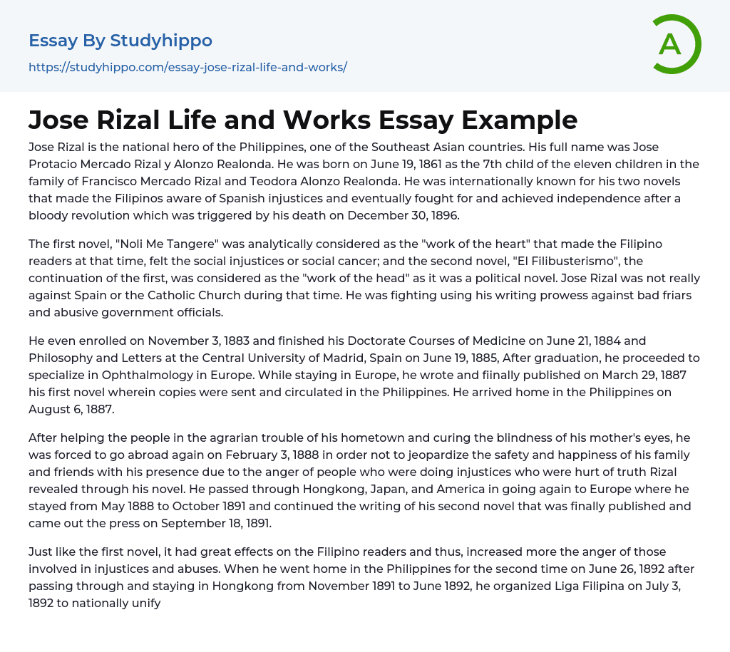 Jose Rizal Life and Works Essay Example