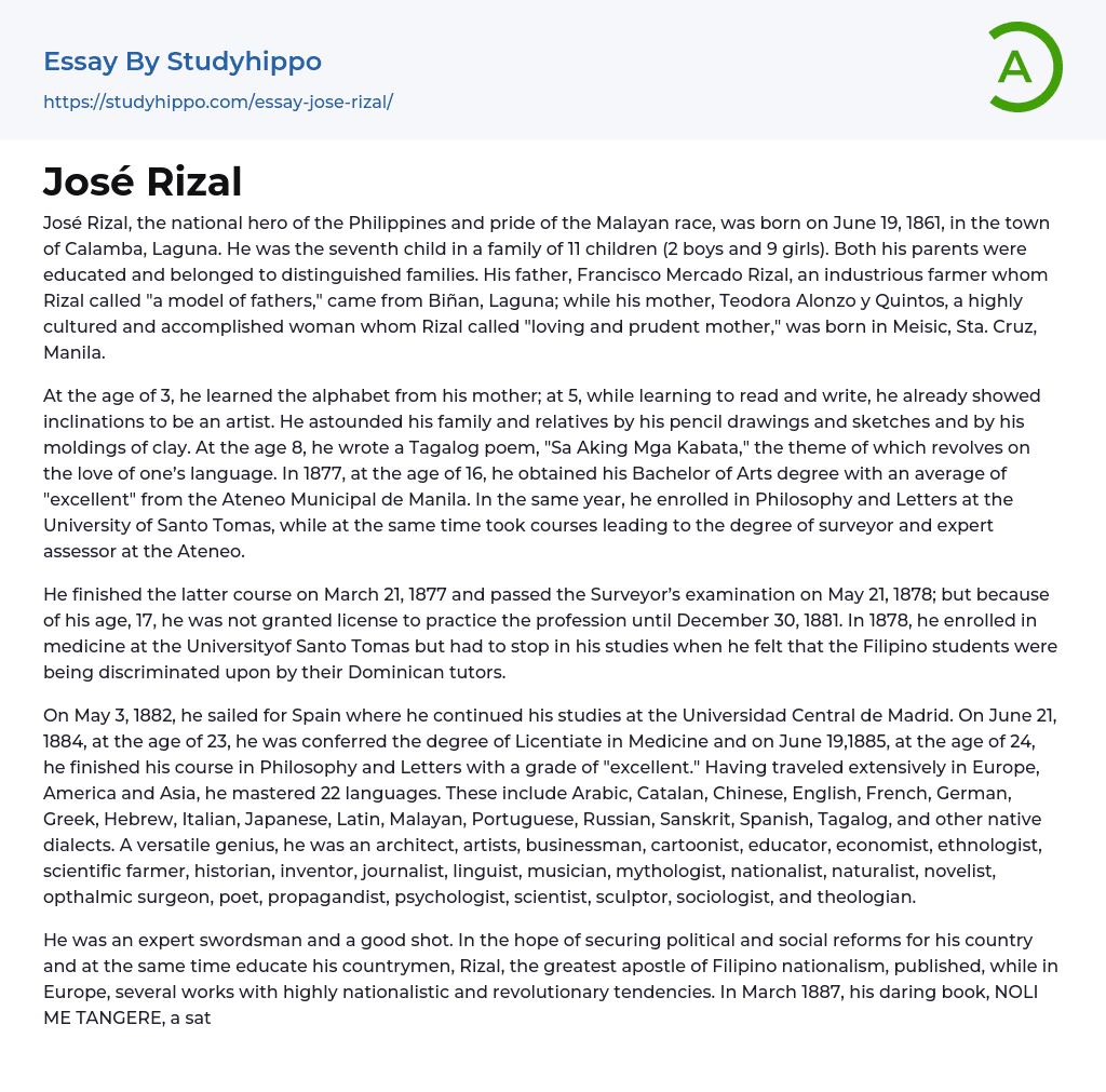 José Rizal Essay Example