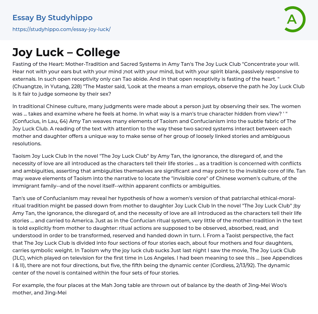 Joy Luck – College Essay Example