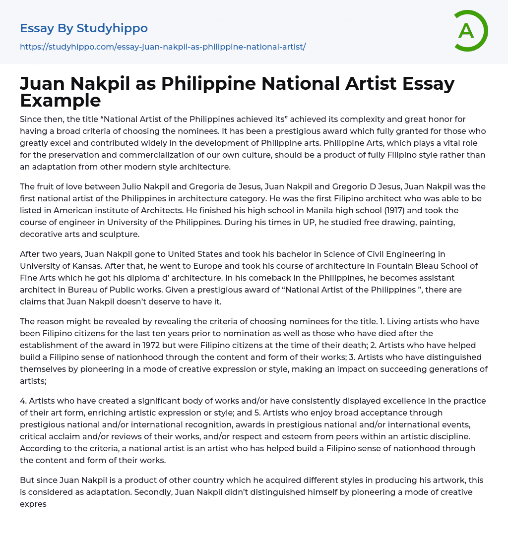 Juan Nakpil as Philippine National Artist Essay Example