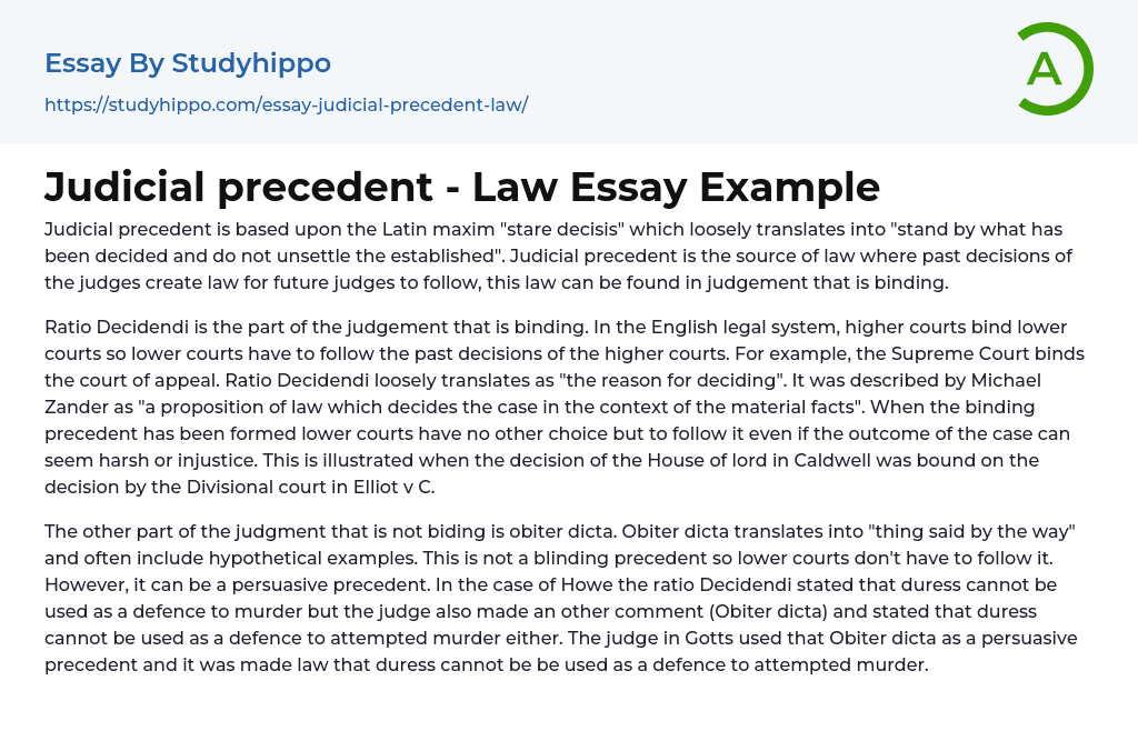 Judicial precedent – Law Essay Example