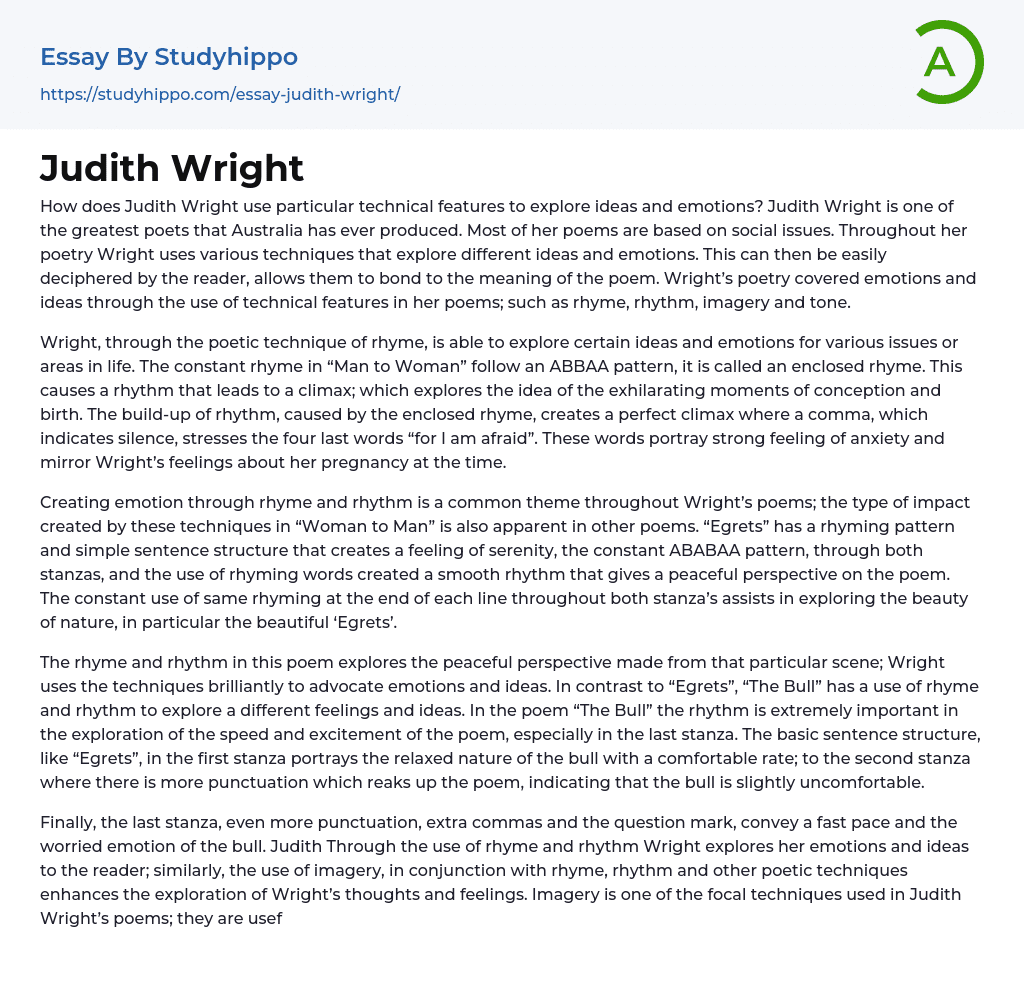 Judith Wright Essay Example