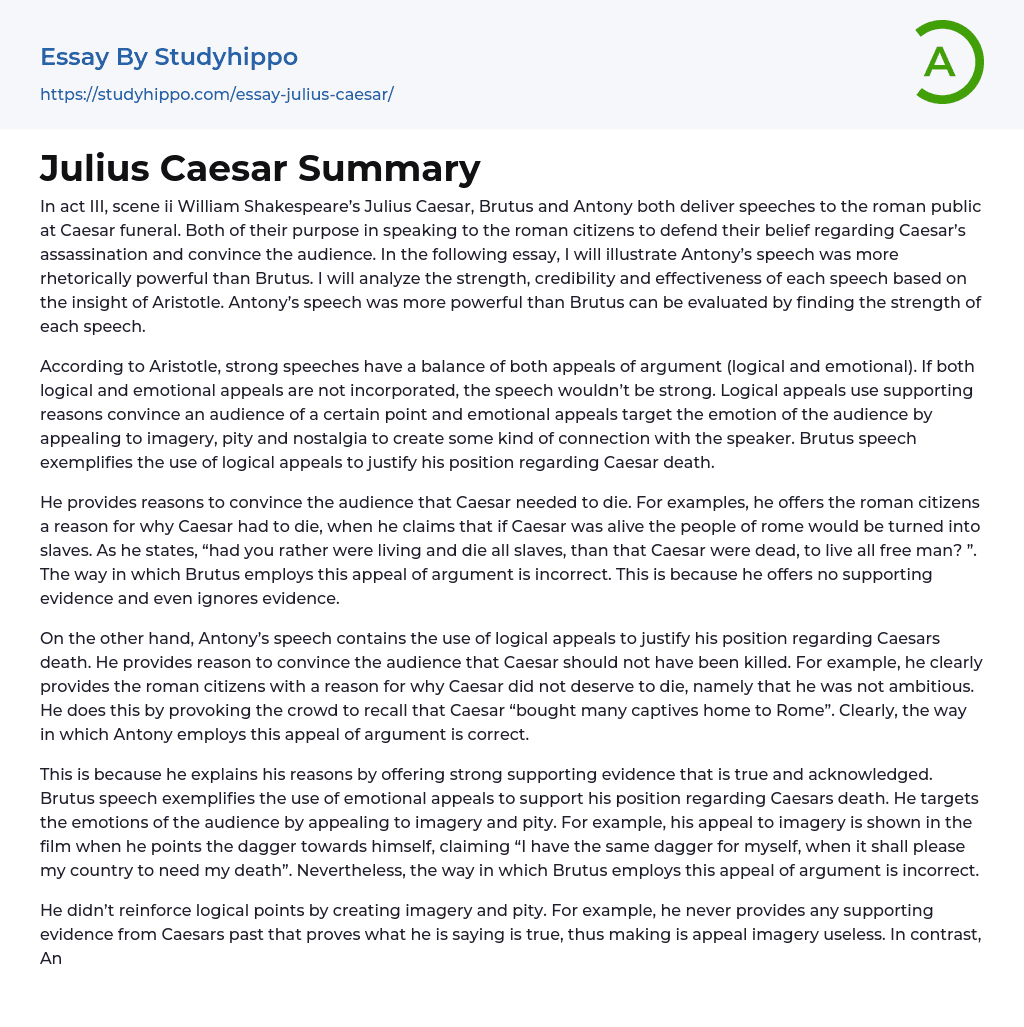 Julius Caesar Summary Essay Example
