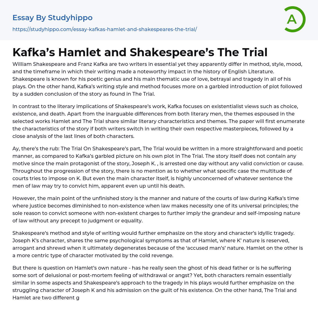 Kafka’s Hamlet and Shakespeare’s The Trial Essay Example