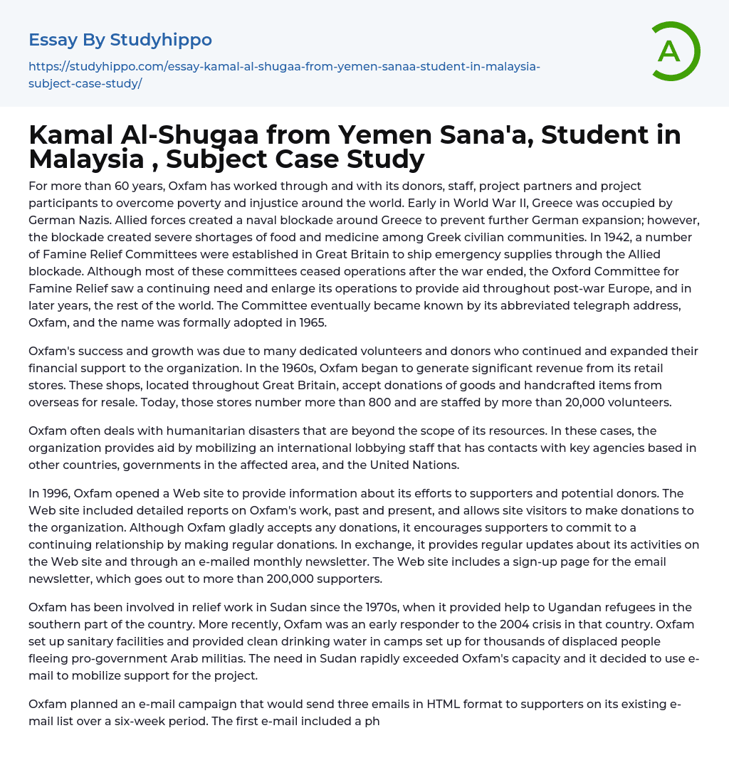 Kamal Al-Shugaa from Yemen Sana’a, Student in Malaysia , Subject Case Study Essay Example