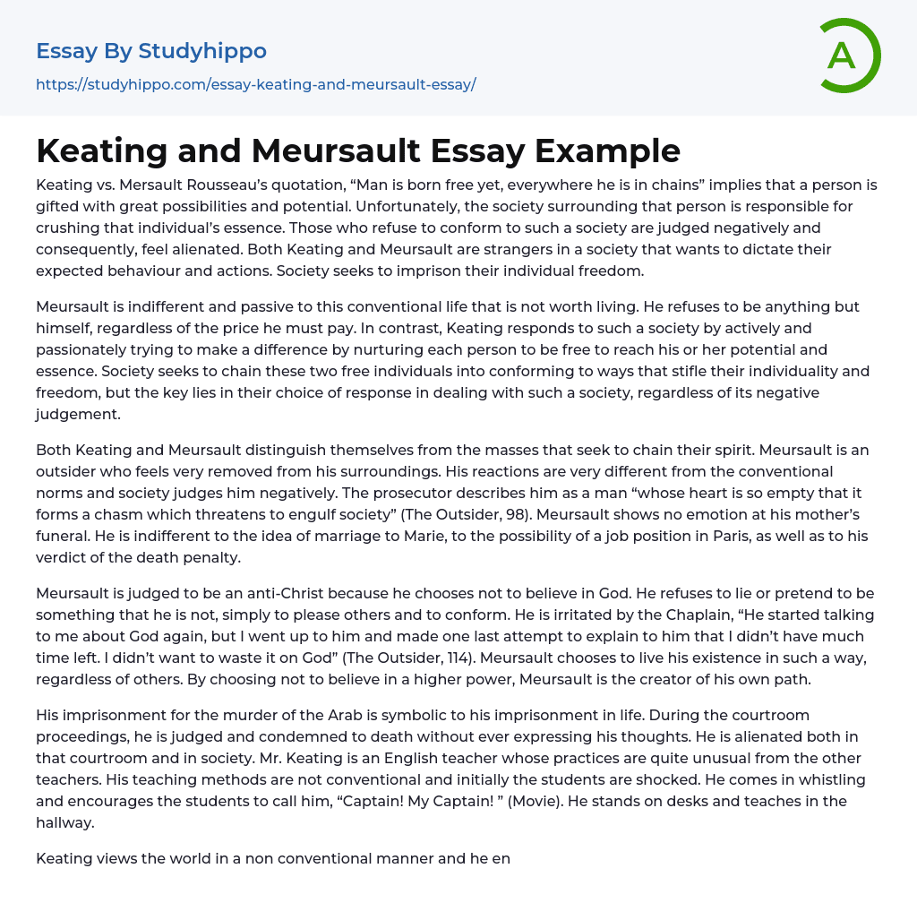 Keating and Meursault Essay Example