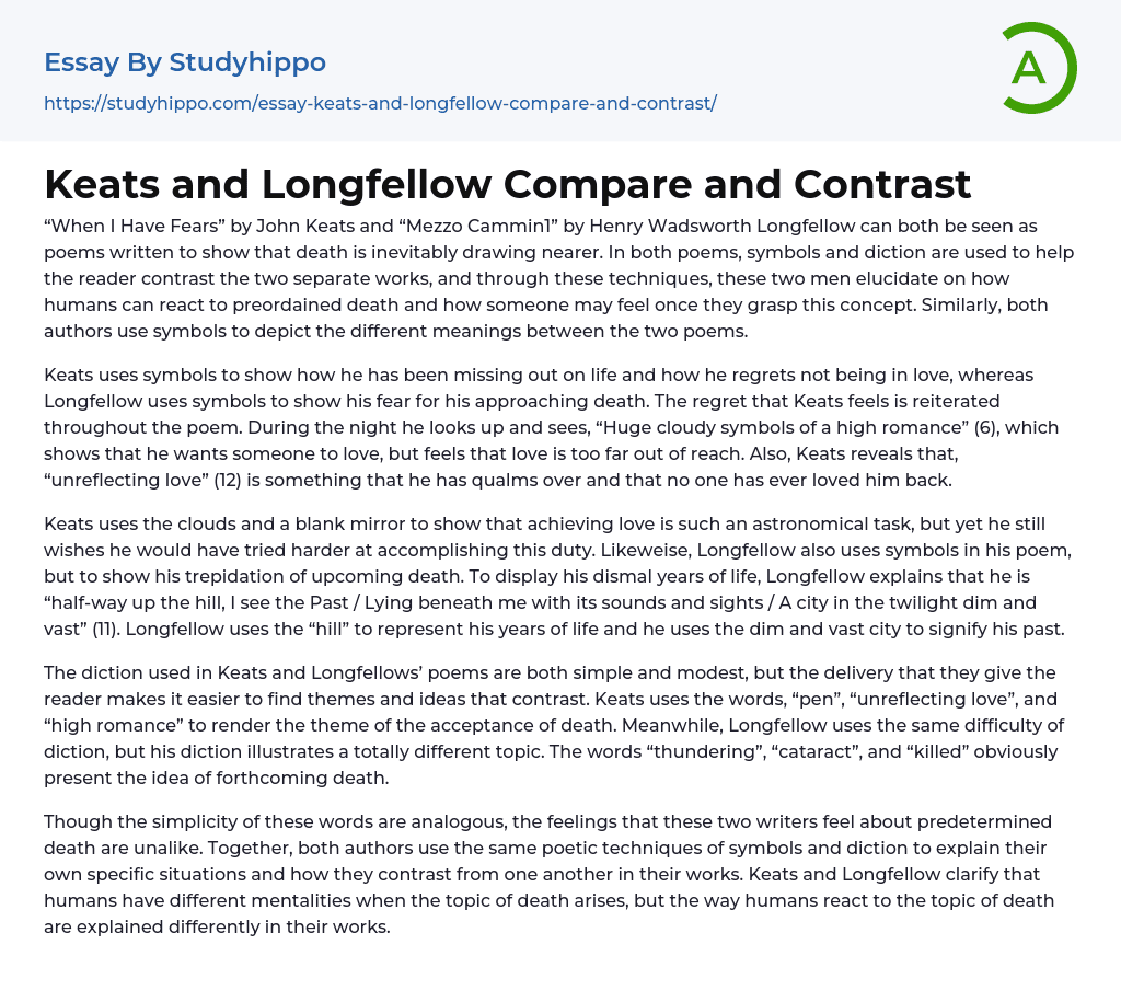 Keats and Longfellow Compare and Contrast Essay Example