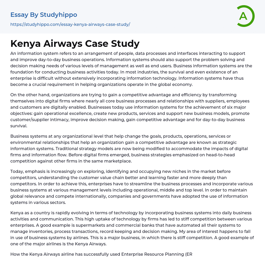 Kenya Airways Case Study Essay Example