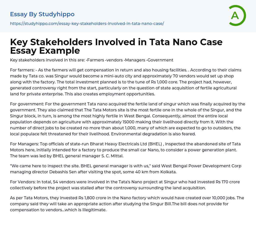 Key Stakeholders Involved in Tata Nano Case Essay Example