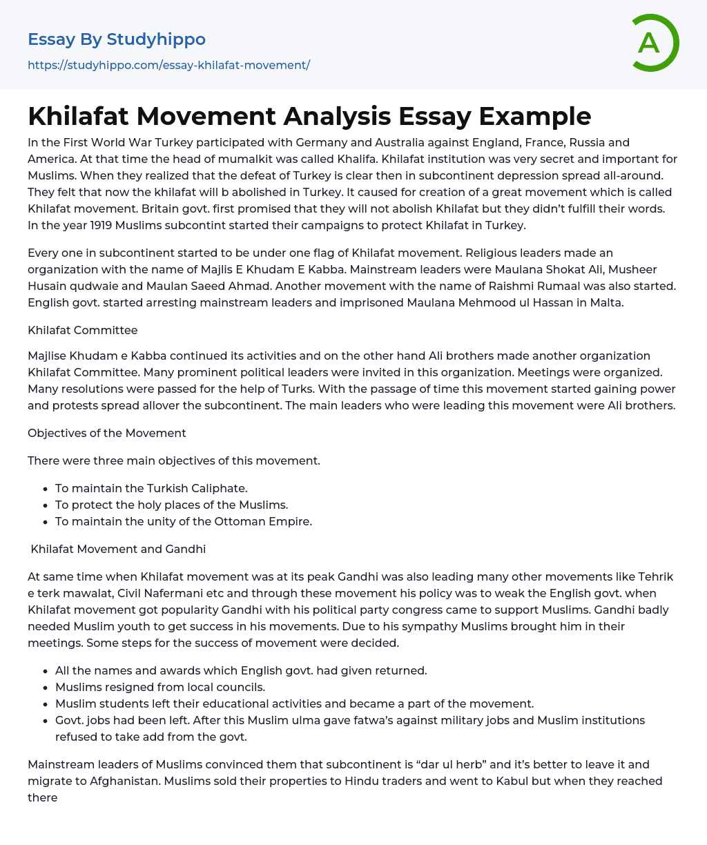 Khilafat Movement Analysis Essay Example