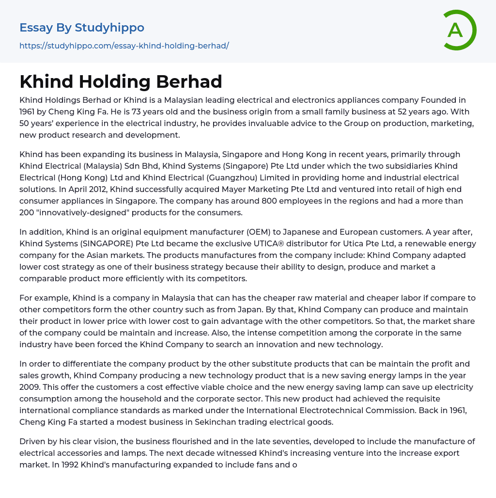 Khind Holding Berhad Essay Example