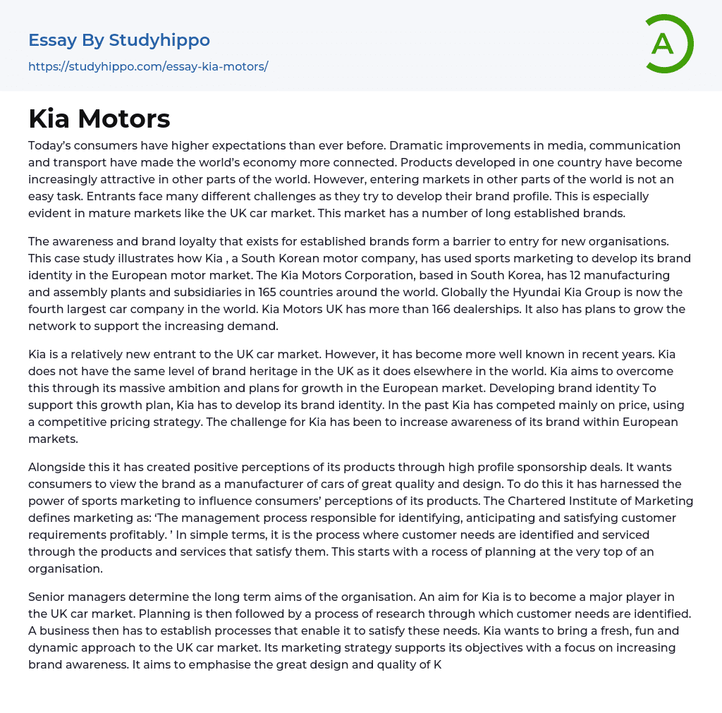 Kia Motors Essay Example