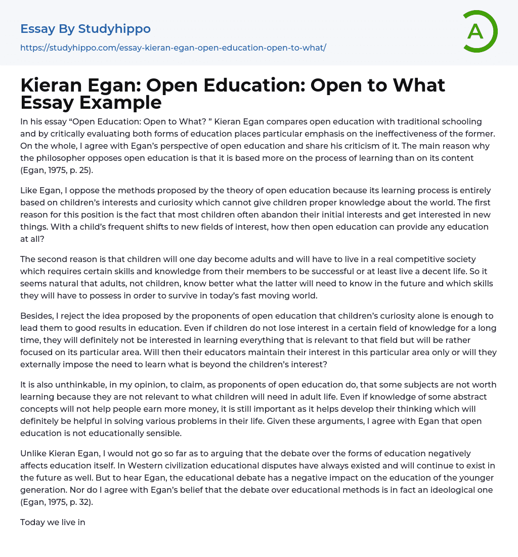 Kieran Egan: Open Education: Open to What Essay Example