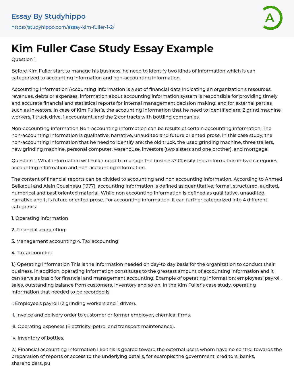 Kim Fuller Case Study Essay Example