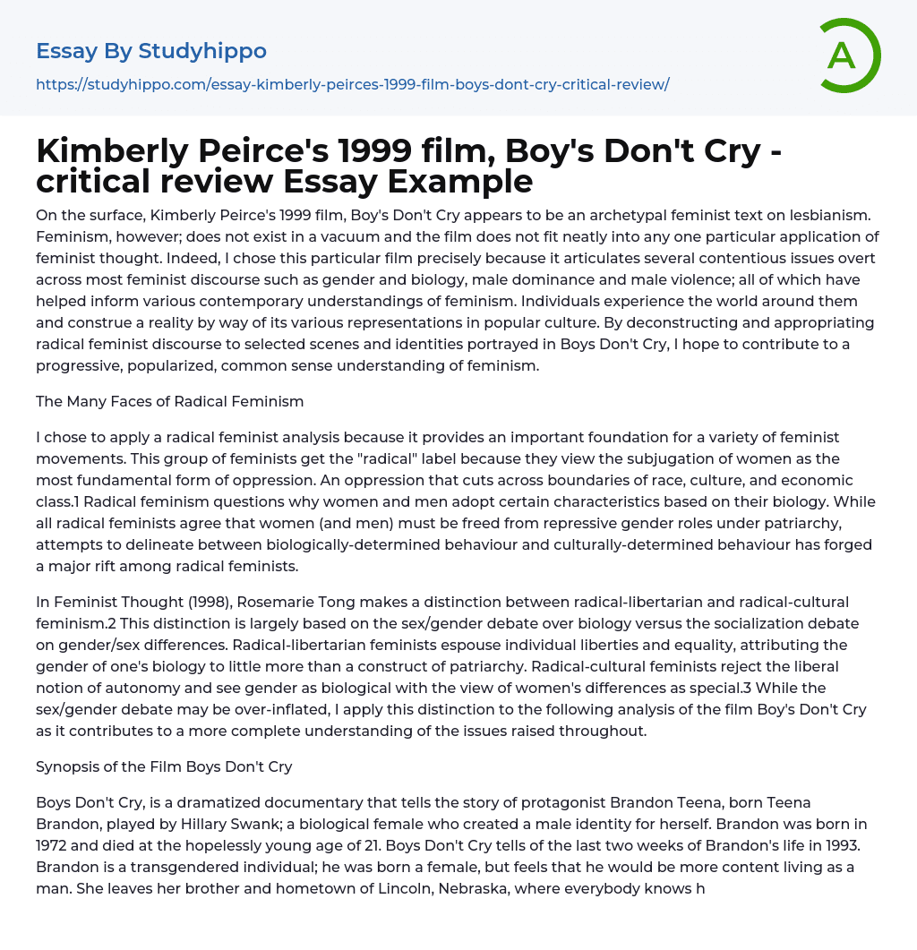 Kimberly Peirce’s 1999 film, Boy’s Don’t Cry – critical review Essay Example