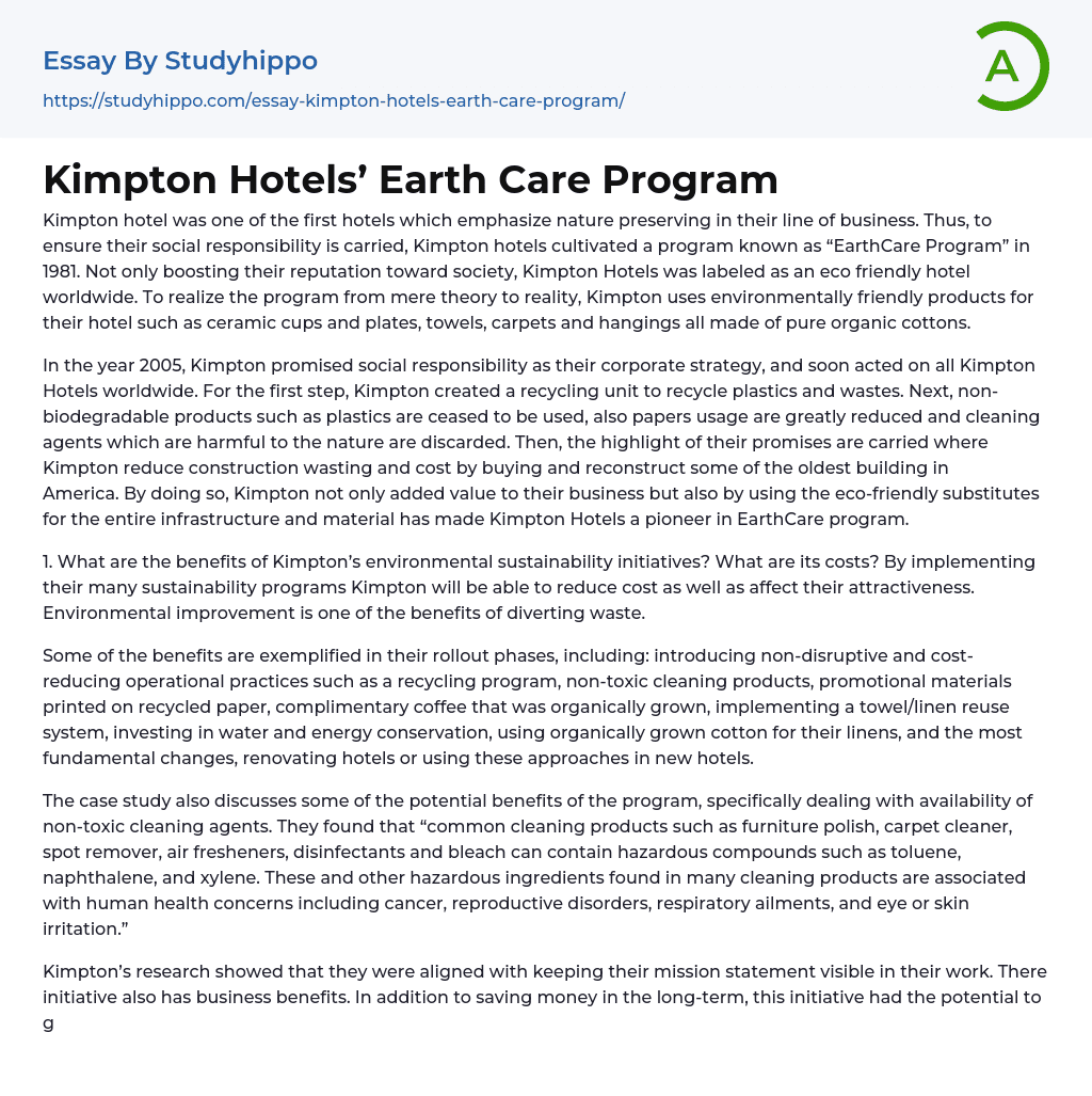 Kimpton Hotels’ Earth Care Program Essay Example
