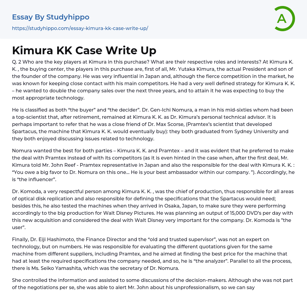 Kimura KK Case Write Up Essay Example