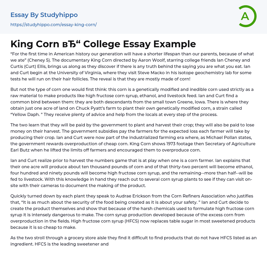 King Corn College Essay Example