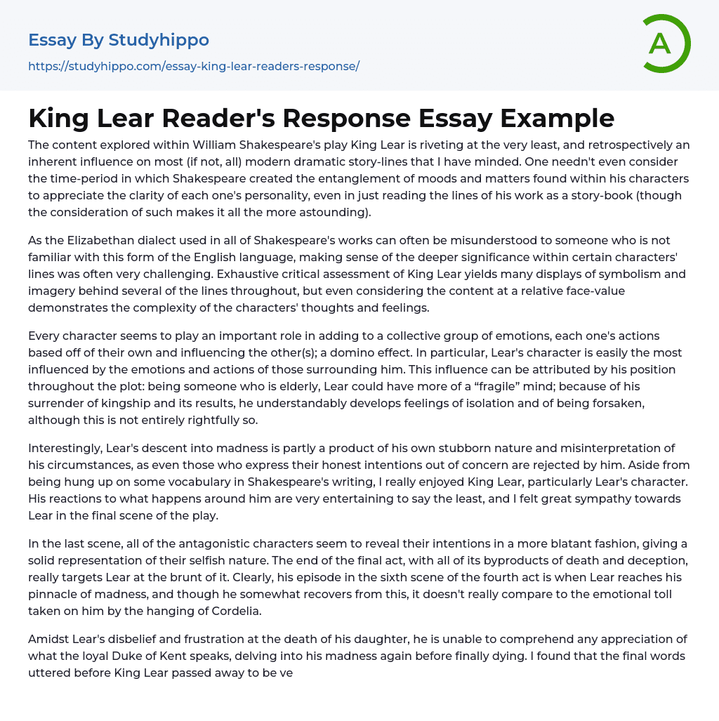 King Lear Reader’s Response Essay Example