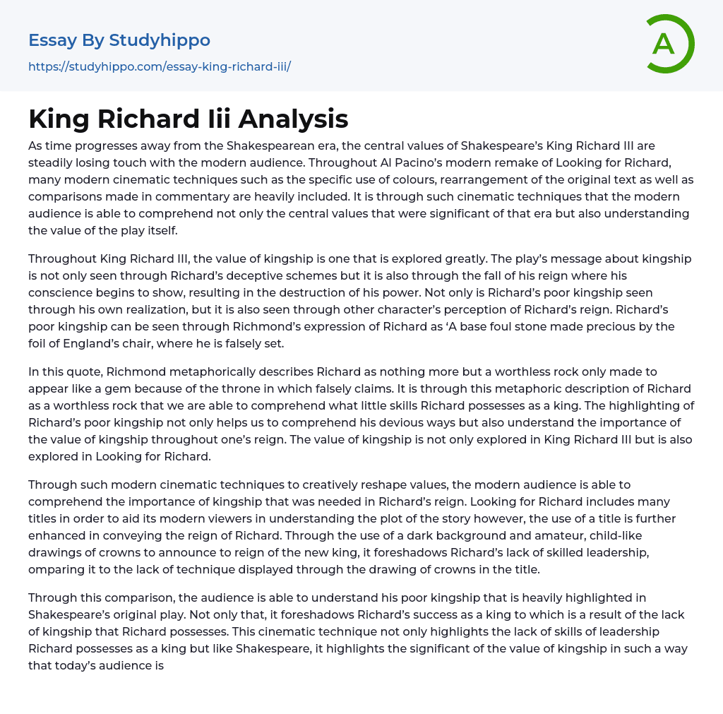 King Richard Iii Analysis Essay Example