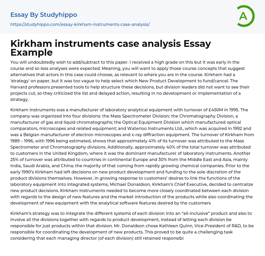 Kirkham instruments case analysis Essay Example