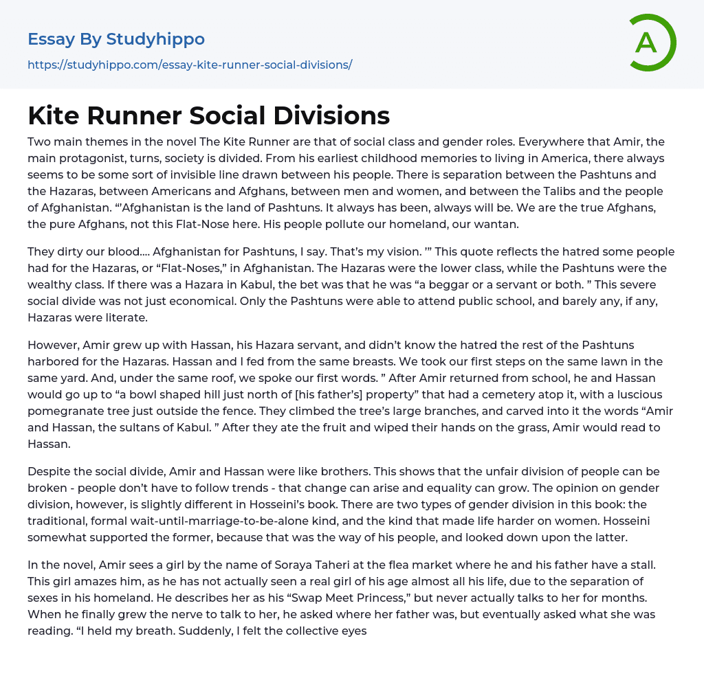 Kite Runner Social Divisions Essay Example