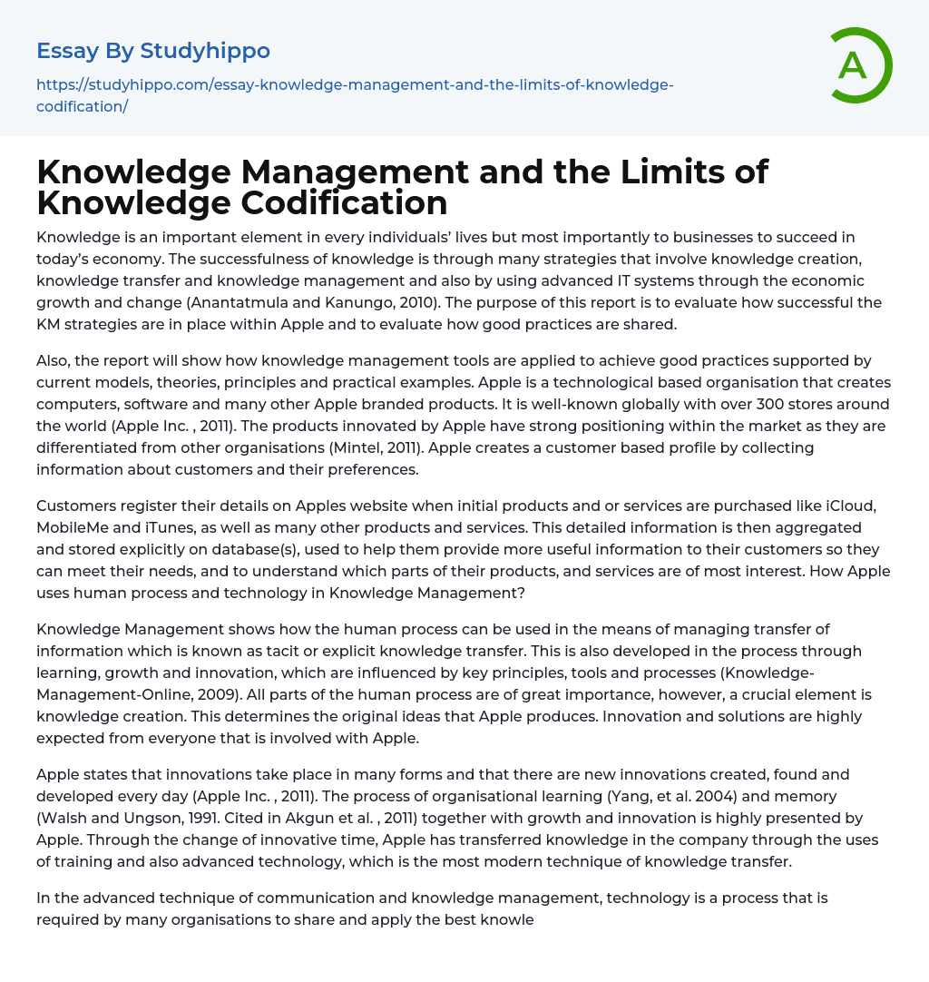 Knowledge Management and the Limits of Knowledge Codification Essay Example