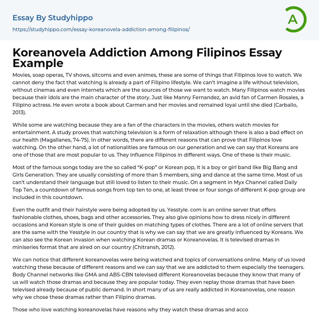 Koreanovela Addiction Among Filipinos Essay Example