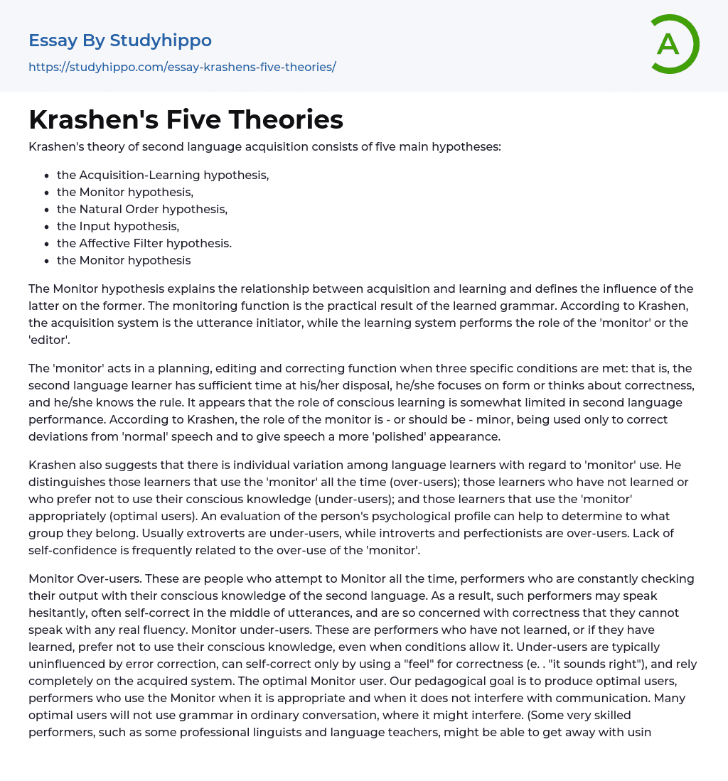 Krashen’s Five Theories Essay Example