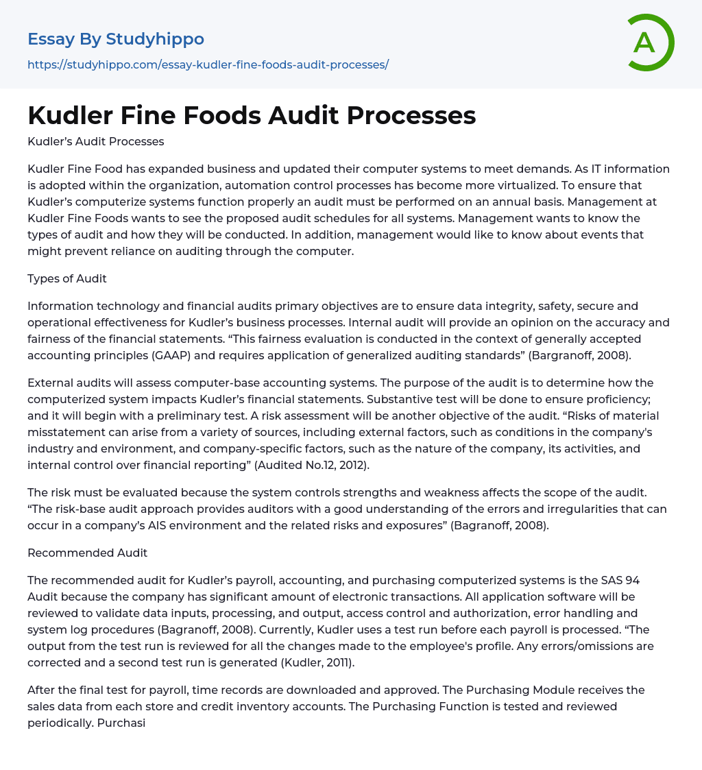 Kudler Fine Foods Audit Processes Essay Example