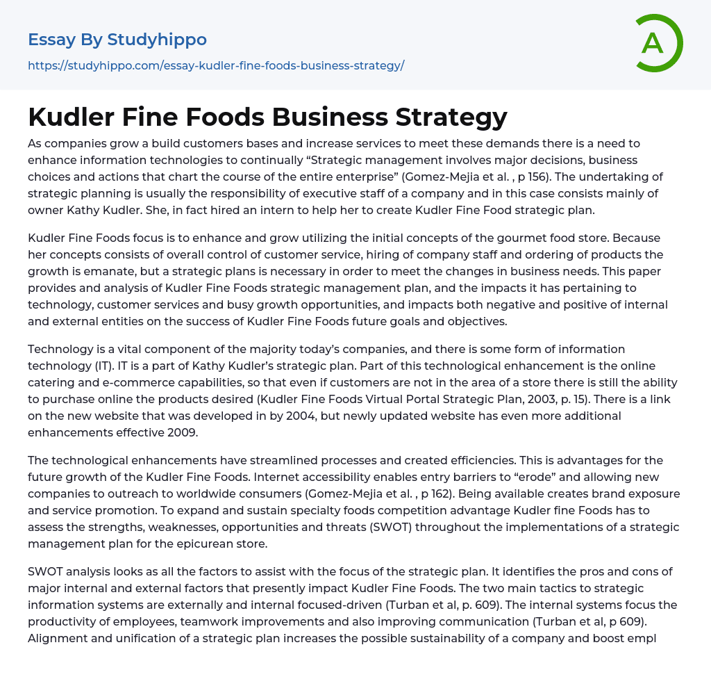 Kudler Fine Foods Business Strategy Essay Example