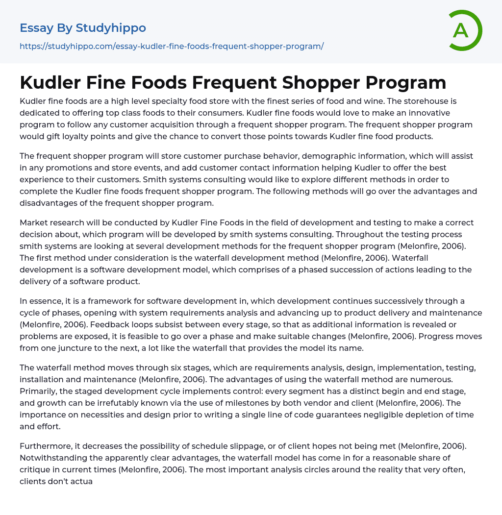 Kudler Fine Foods Frequent Shopper Program Essay Example