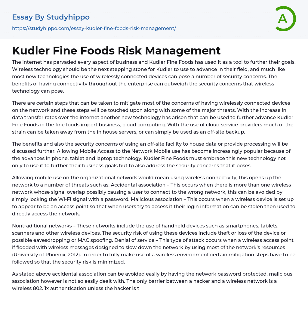 Kudler Fine Foods Risk Management Essay Example