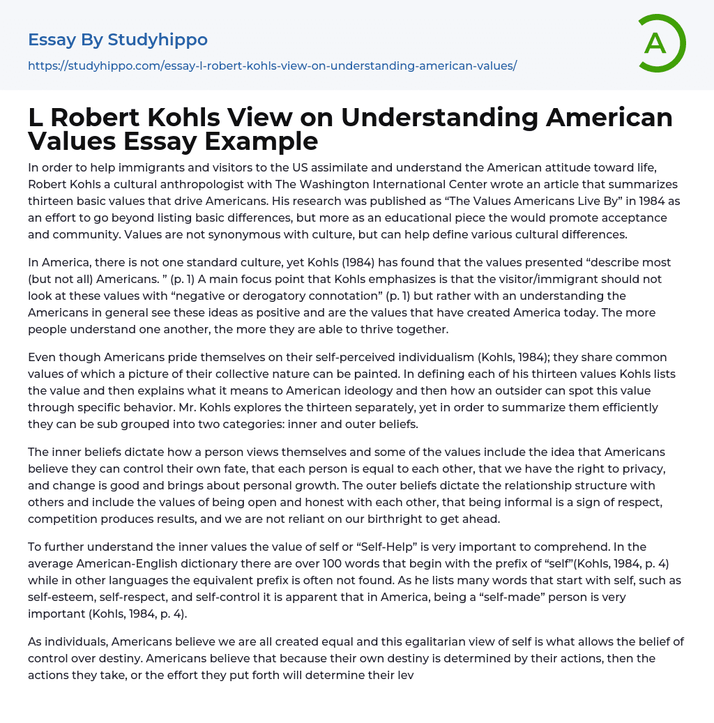 L Robert Kohls View on Understanding American Values Essay Example