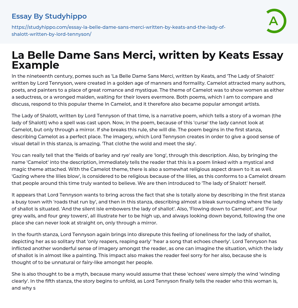 La Belle Dame Sans Merci, written by Keats Essay Example