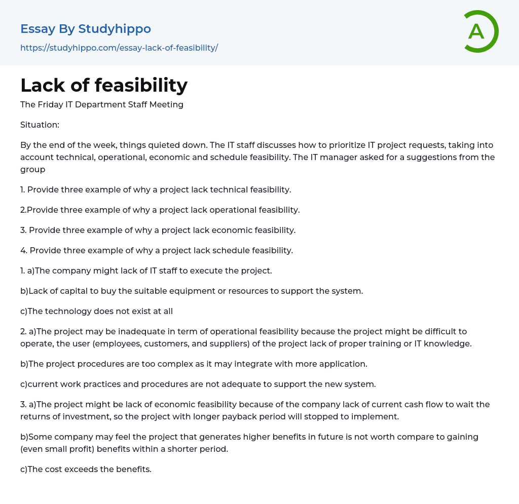 Lack of feasibility Essay Example